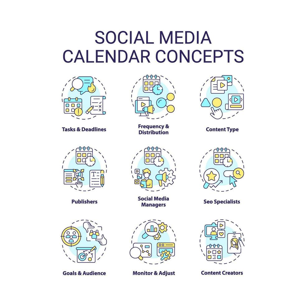 sociaal media kalender concept pictogrammen set. digitaal inhoud. online hulpmiddel. schema planner. internet blog. afzet plan idee dun lijn kleur illustraties. geïsoleerd symbolen. bewerkbare beroerte vector