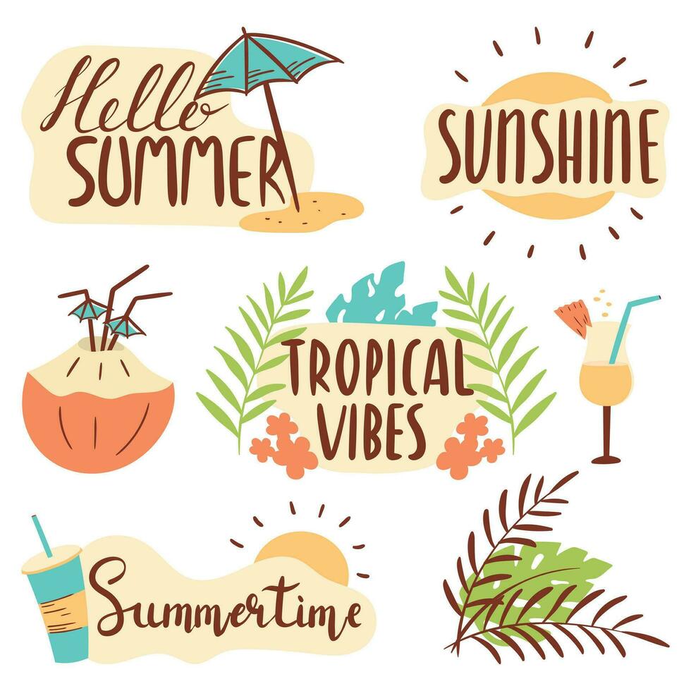 reeks van zomer geïsoleerd vector tekening pictogrammen. hand- belettering Hallo zomer, tropisch gevoel, zonneschijn, zomer tijd. stickers van cocktails en verfrissend drankjes, tropisch bladeren en bloemen, strand vakantie.