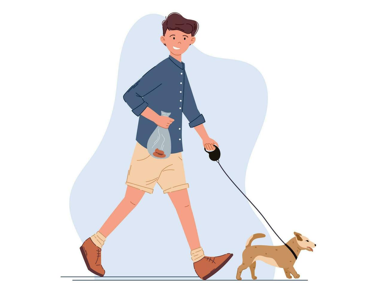 jong vlak Mens wandelen zijn hond Aan een riem. schoon omhoog na uw huisdieren concept. vector vent Holding een zak van uitwerpselen.