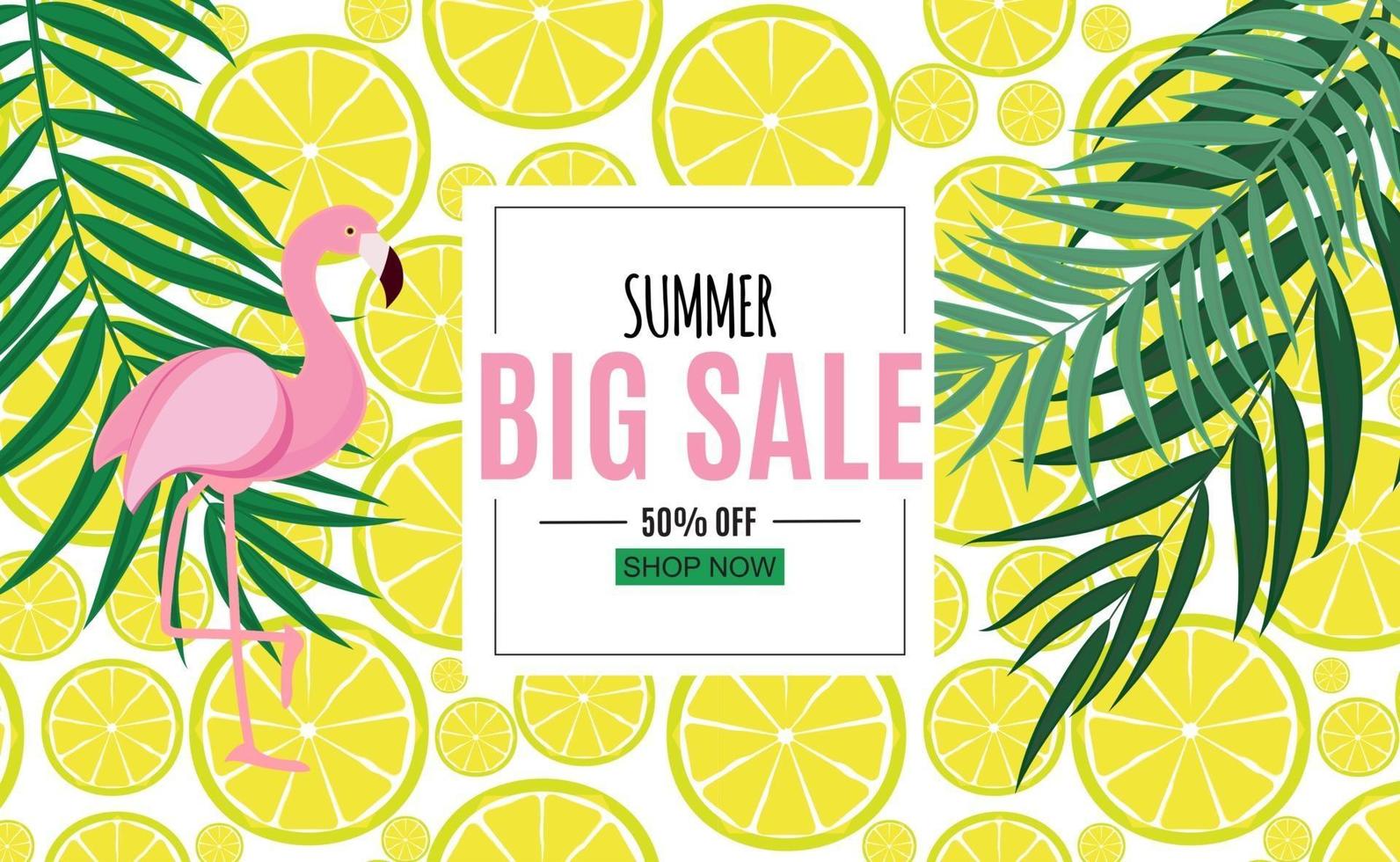 abstracte zomer verkoop achtergrond met palmbladeren en flamingo vector