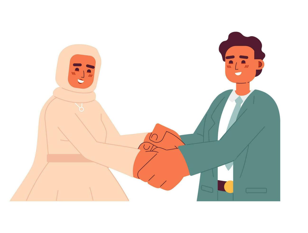 moslim bruiloft paar Holding handen semi vlak kleurrijk vector karakters. bruids hijab vrouw en bruidegom. bewerkbare voor de helft lichaam mensen Aan wit. gemakkelijk tekenfilm plek illustratie voor web grafisch ontwerp