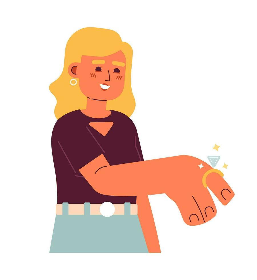 mooi vrouw met verloving ring semi vlak kleurrijk vector karakter. dame vervelend luxe sieraden. bewerkbare vol lichaam persoon Aan wit. gemakkelijk tekenfilm plek illustratie voor web grafisch ontwerp