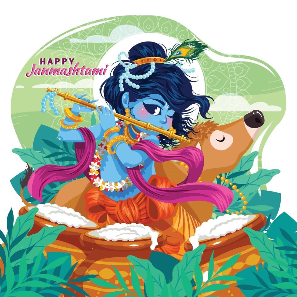 viering van janmashtami met heer krishna spelen met fluit concept vector