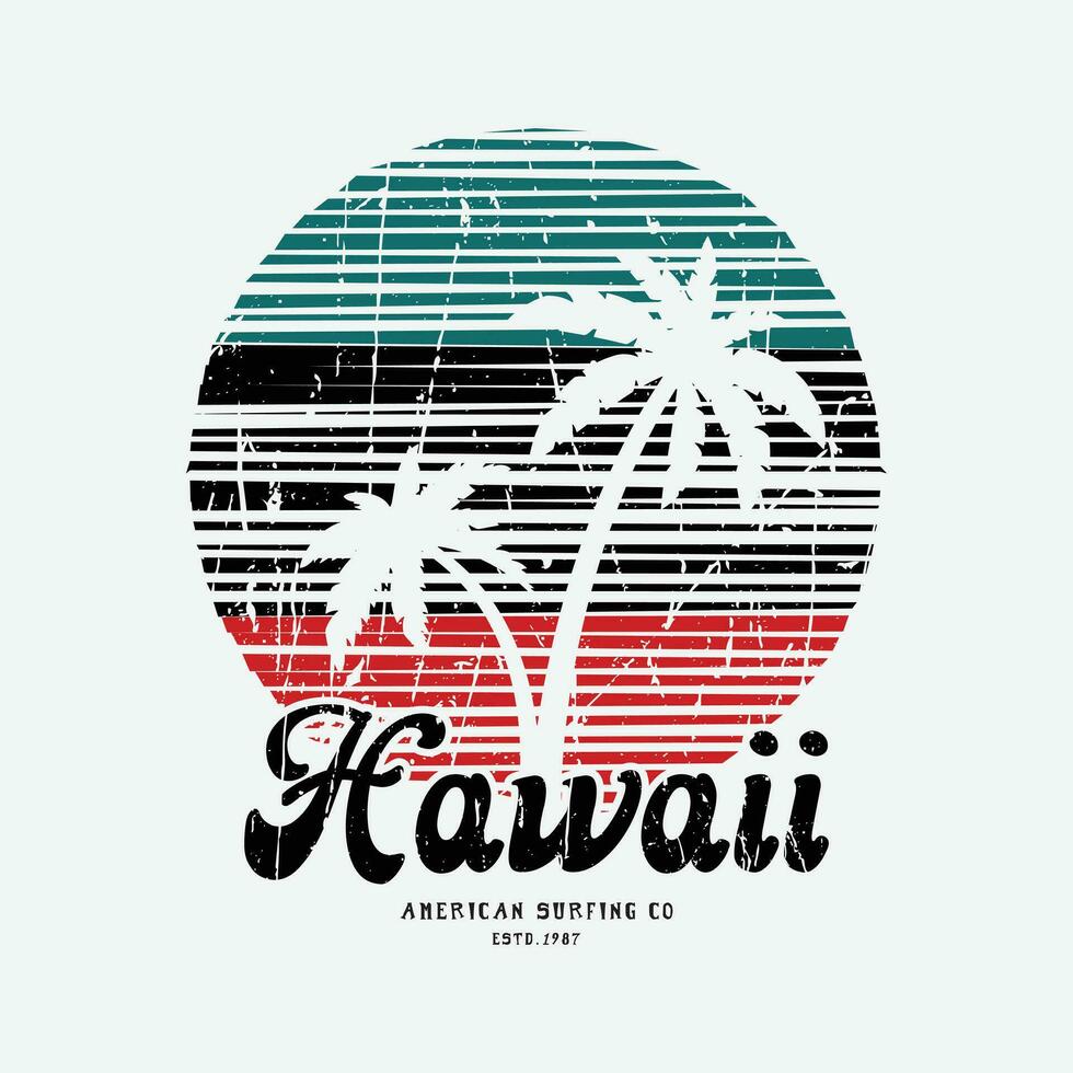 illustratie surfen en surfing in Hawaii. grunge achtergrond. wijnoogst ontwerp. postzegel typografie, t-shirt grafiek, afdrukken, poster, banier, folder, ansichtkaart vector