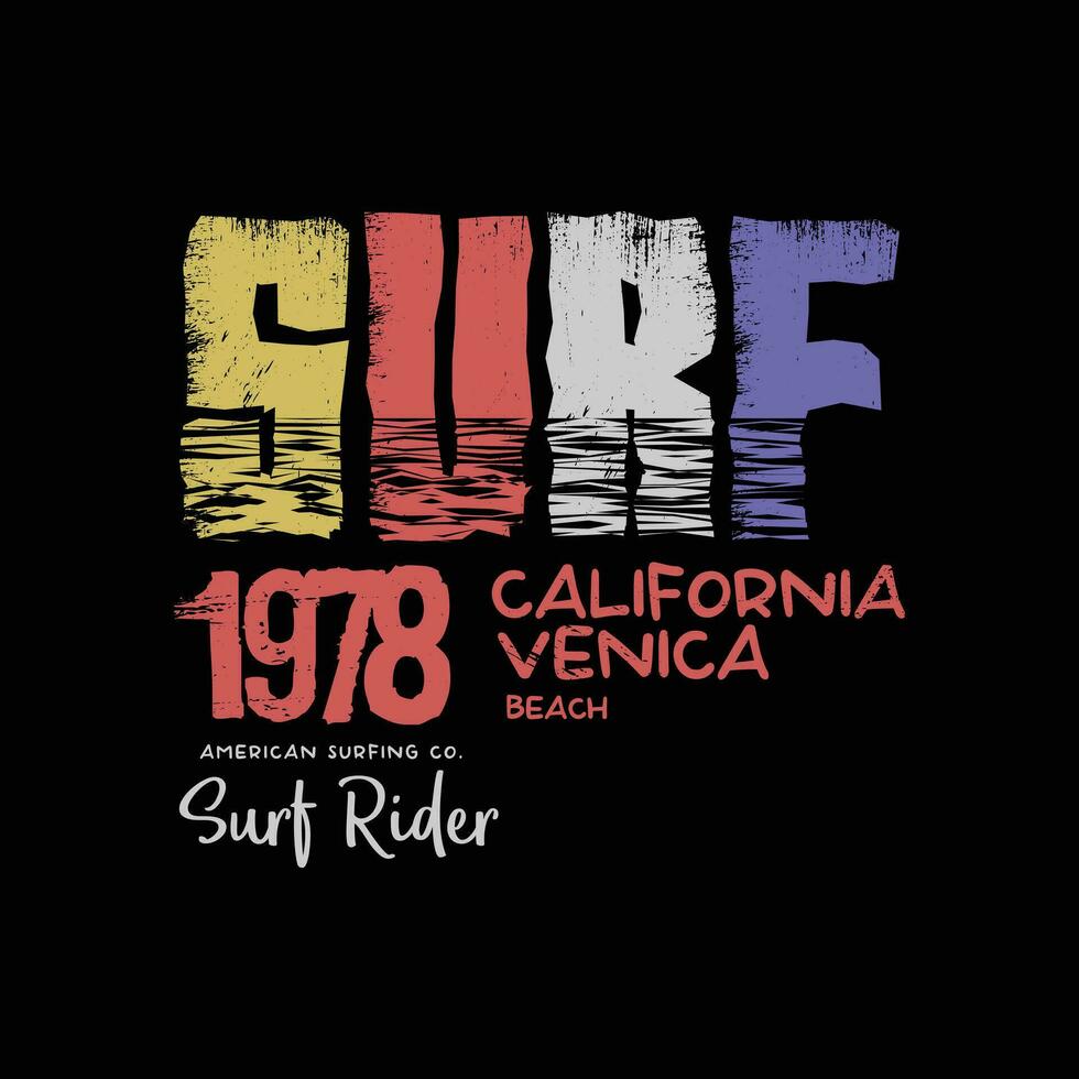 surfing en surfen in Californië, Venetië strand. wijnoogst ontwerp. typografie, t-shirt grafiek, poster, afdrukken, banier, folder, ansichtkaart vector