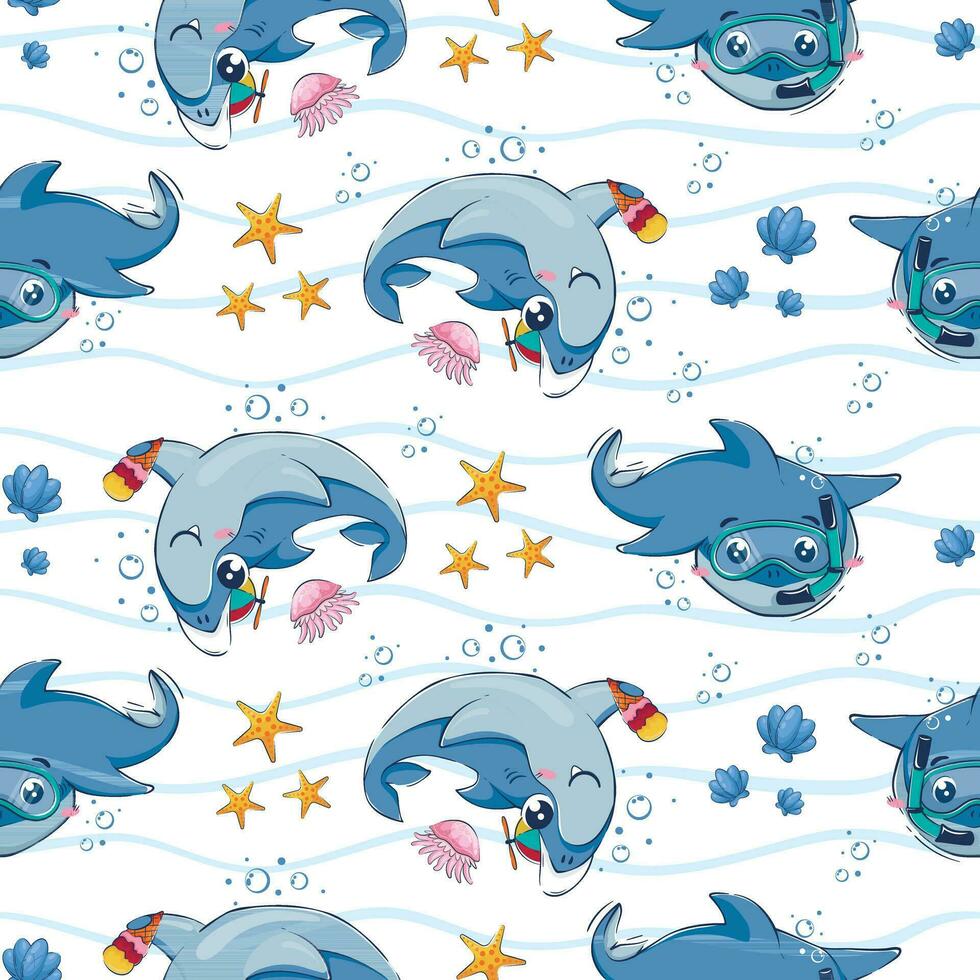 naadloos patroon met tekenfilm haaien met ijs room zwemmen tussen de zee golven, kwal en zeester in een onderwater- masker in een vlak stijl. vector