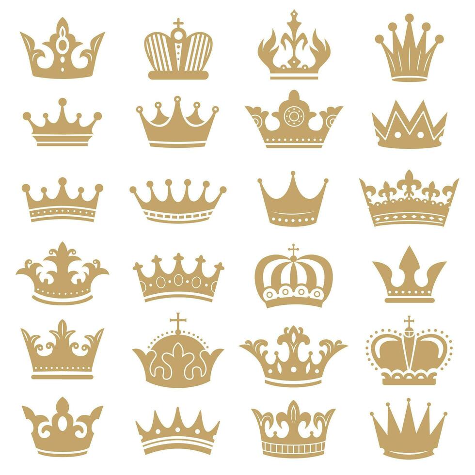 goud kroon silhouet. Koninklijk kronen, kroning koning en luxe koningin tiara silhouetten pictogrammen vector reeks
