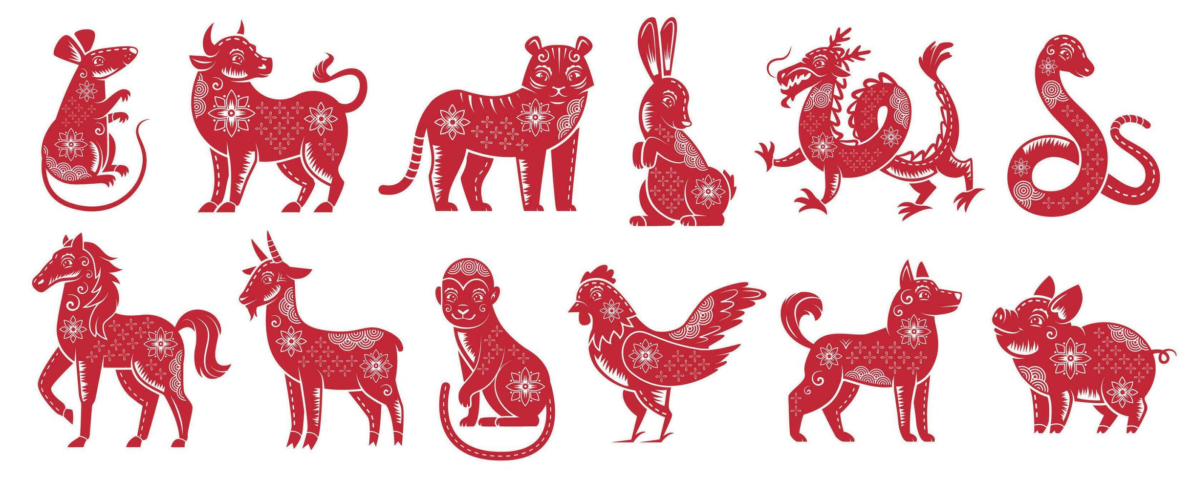 Chinese dierenriem nieuw jaar tekens. traditioneel China horoscoop dieren, rood dierenriemen silhouet vector illustratie reeks