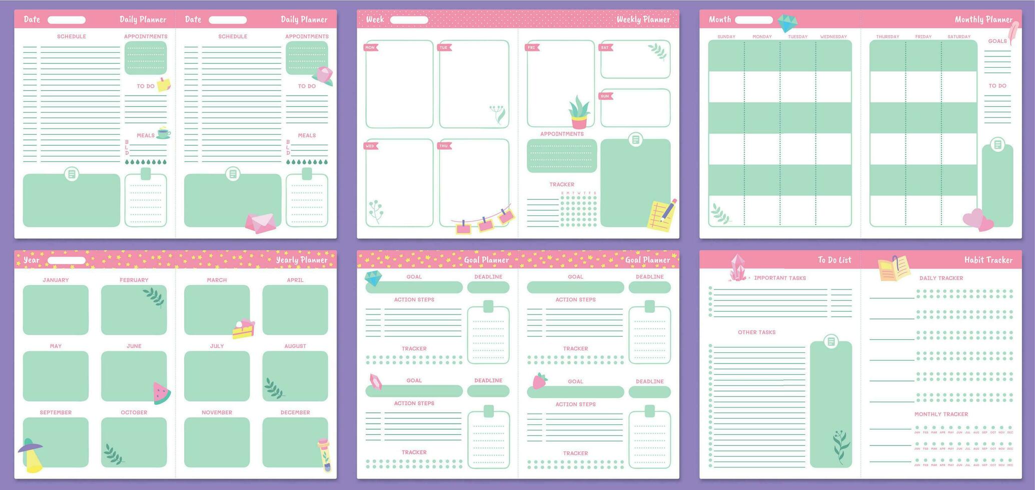 grappig ontwerper Sjablonen. dagelijks, wekelijks, maandelijks en jaarlijks planners Pagina's. doel ontwerper en naar Doen lijst vector reeks