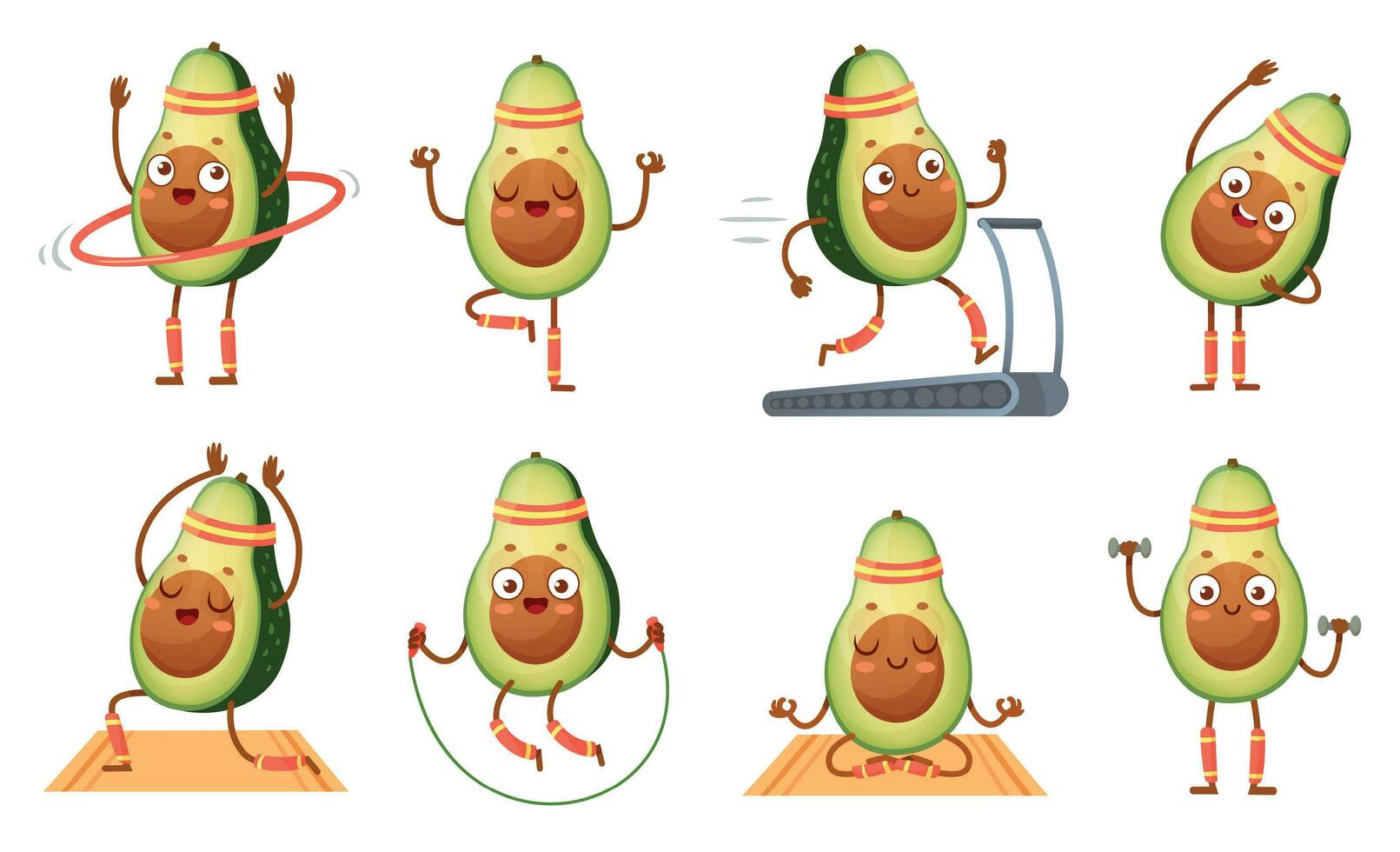 tekenfilm avocado karakter geschiktheid. grappig avocado's in yoga poseert, Sportschool cardio en vegetarisch sport voedsel mascotte vector illustratie reeks