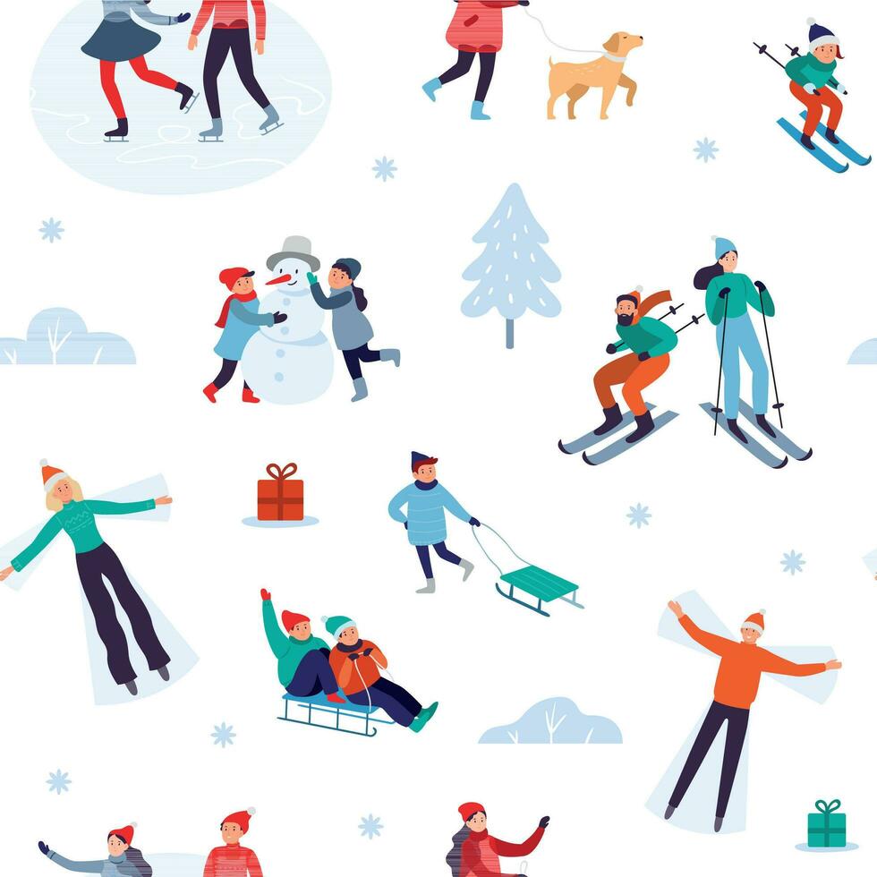 winter vakantie activiteiten naadloos patroon. gelukkig mensen wandelen buitenshuis, december vakantie en winters sneeuw pret vector illustratie