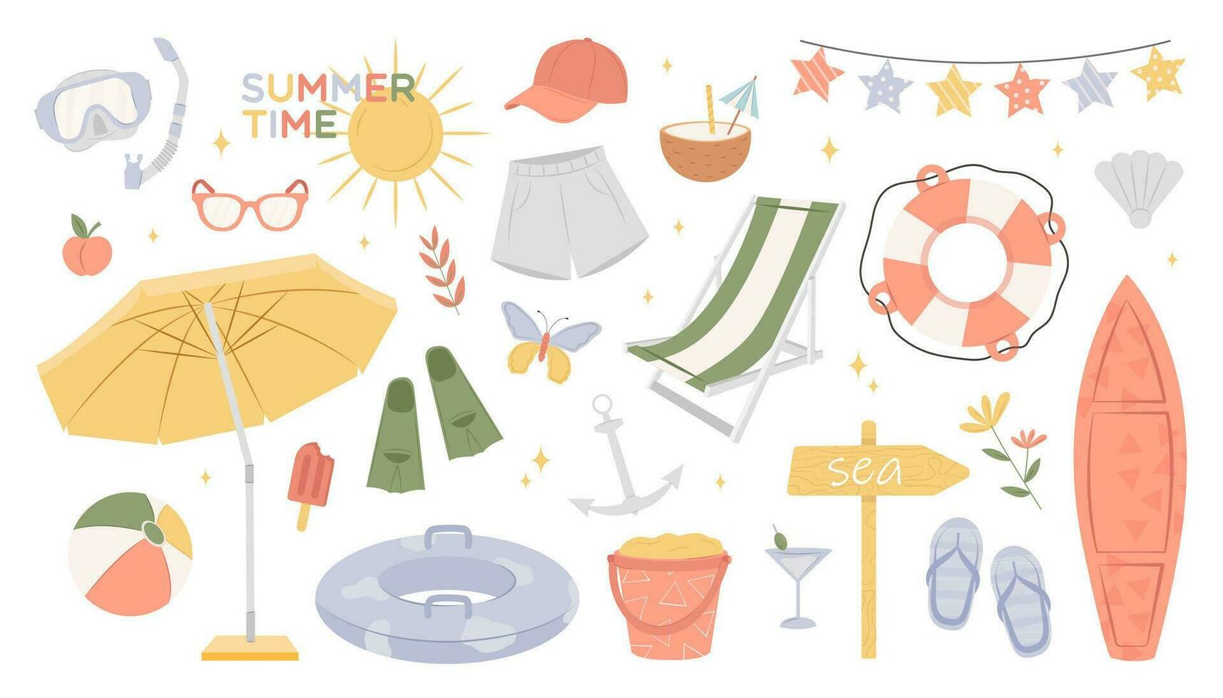 verzameling van zomer strand elementen. zomer vrije tijd werkzaamheid. schattig reizen reeks voor de strand. verzameling van scrapbooking elementen voor strand feest. tropisch vakantie. tekenfilm vector voorraad illustratie.