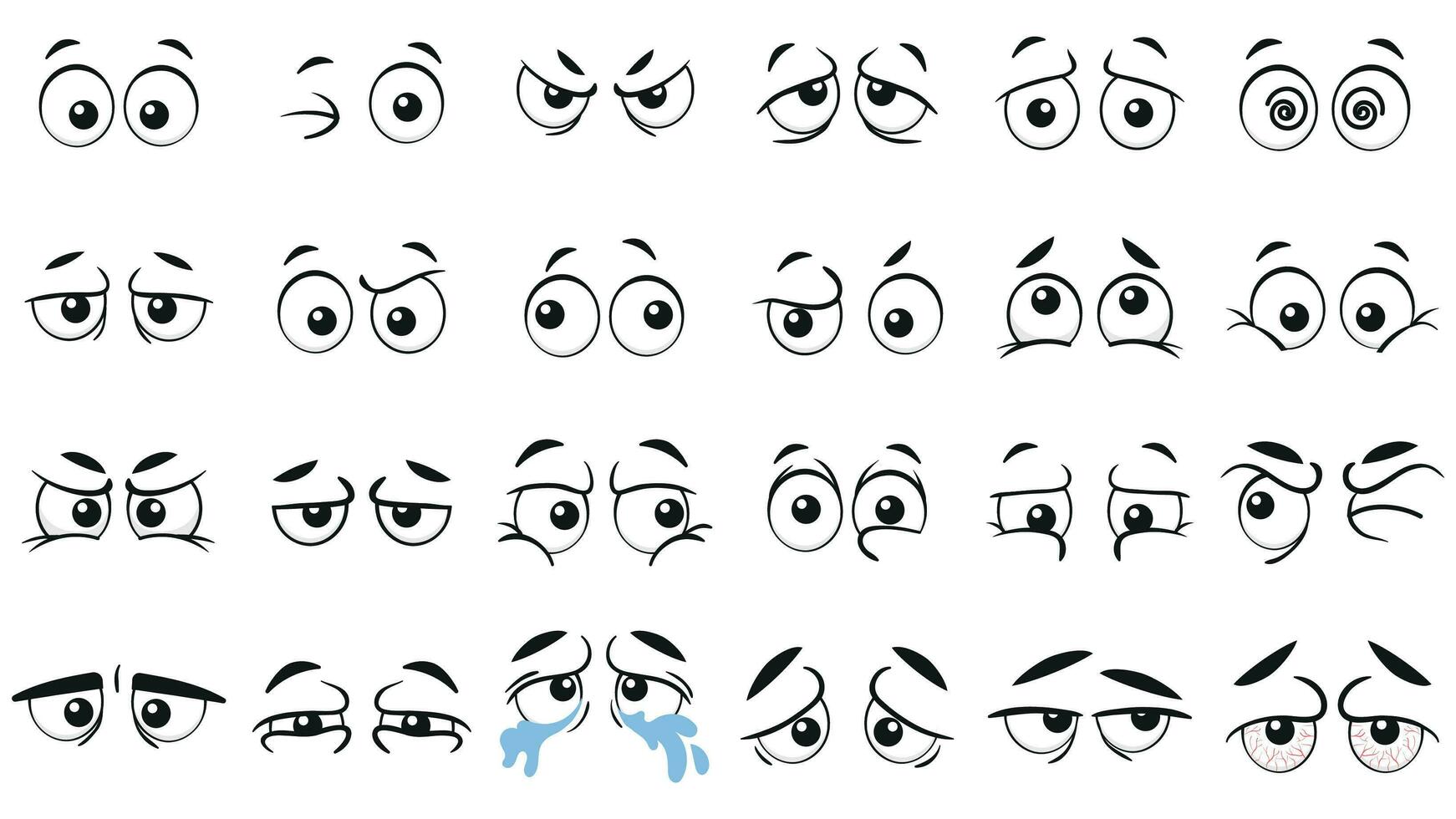 grappig tekenfilm ogen. menselijk oog, boos en gelukkig gelaats ogen uitdrukkingen vector illustratie reeks