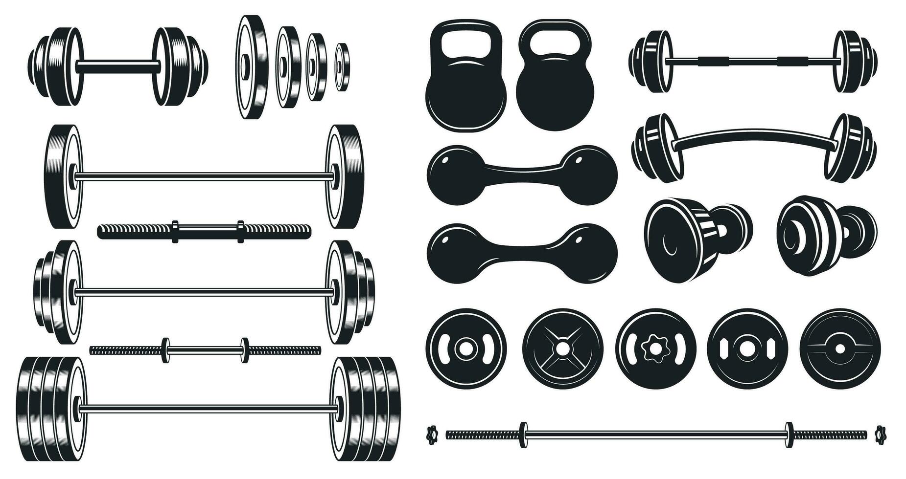 Sportschool uitrusting silhouet. geschiktheid sport, zwaar gewicht barbell en wijnoogst bodybuilding stencil vector illustratie reeks