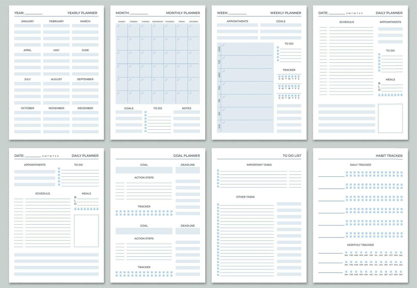 minimalistische ontwerper Pagina's Sjablonen. organisator bladzijde, dagboek en dagelijks controle boek. leven planners, wekelijks en dagen organisatoren vector reeks