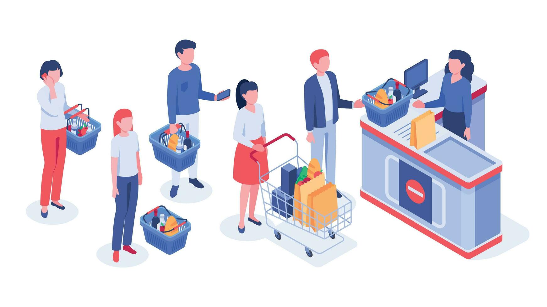 isometrische supermarkt aankopen. kopers in lijn aan het wachten, klanten aankoop en kleinhandel op te slaan contant geld registreren vector illustratie