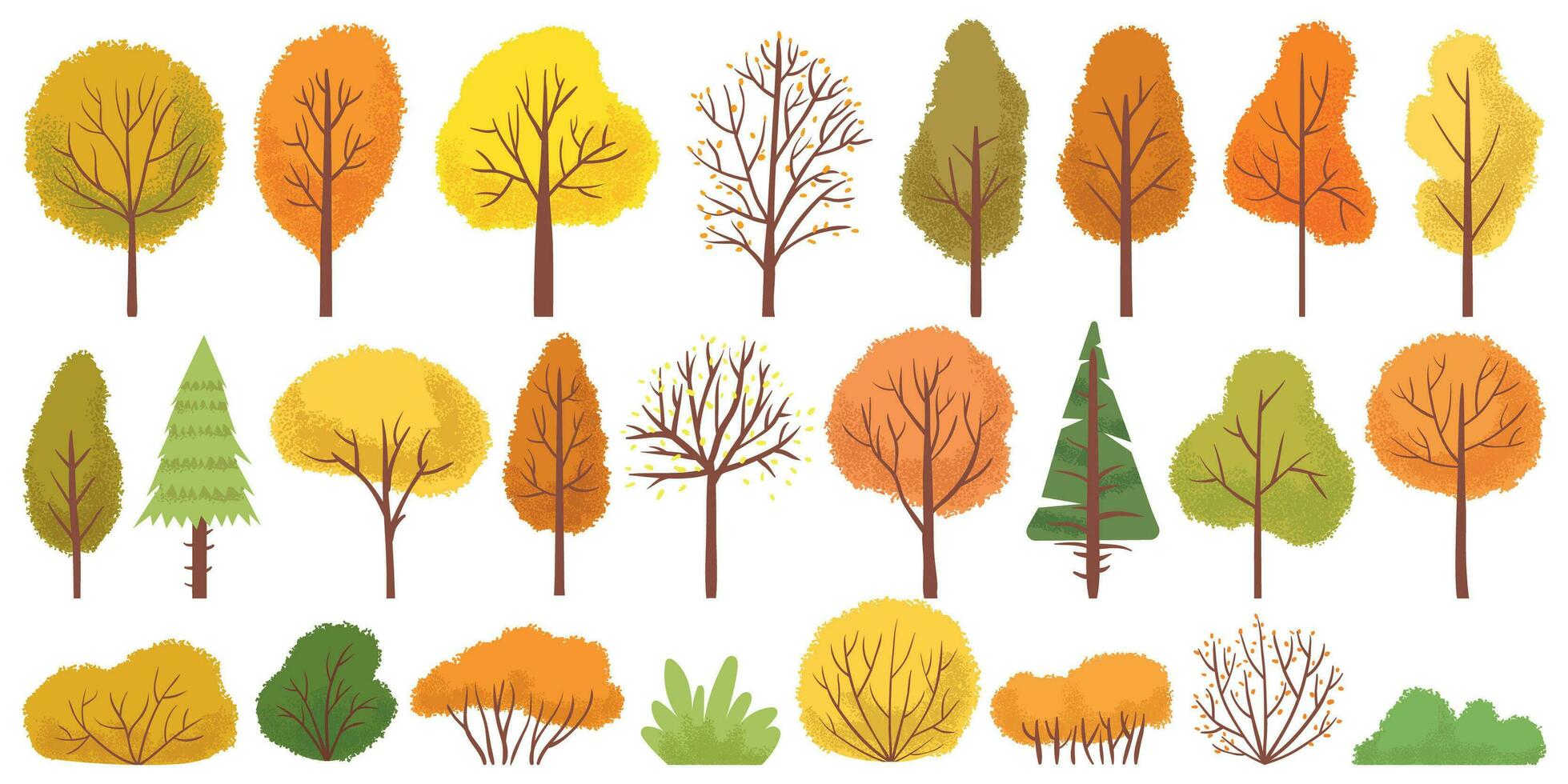 geel herfst bomen. kleurrijk tuin boom, herfst- tuin struik en vallen seizoen boom bladeren vector illustratie reeks
