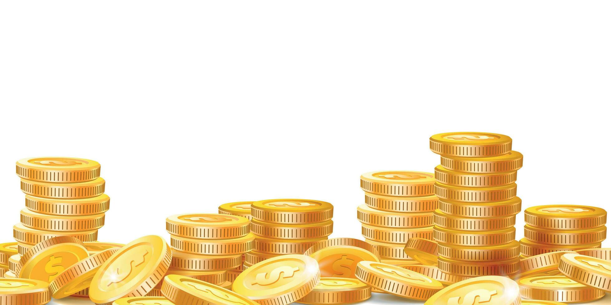 gouden munten stapels. veel geld, financiën bedrijf winsten en rijkdom goud munt stapel vector illustratie