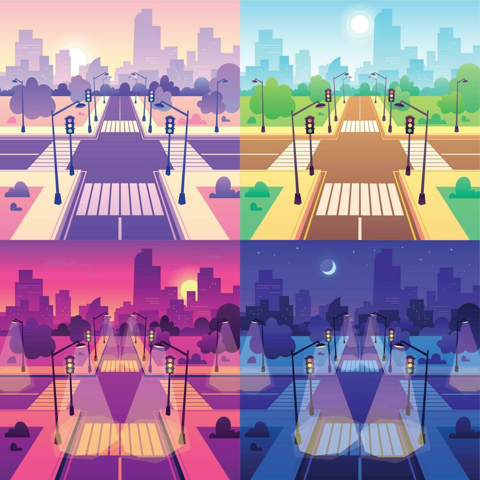 kruispunt met zebrapad. weg verkeer kruispunt, dag stadsgezicht en stedelijk weg knooppunt tekenfilm vector illustratie