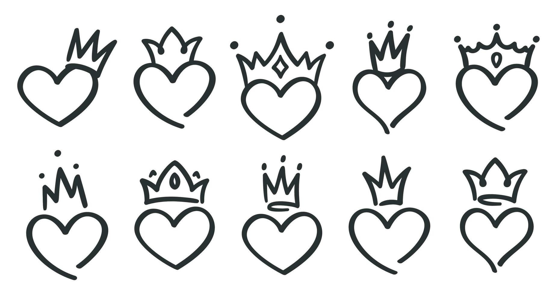 hand- getrokken gekroond harten. tekening prinses, koning en koningin kroon Aan hart, schetsen liefde kronen vector illustratie reeks