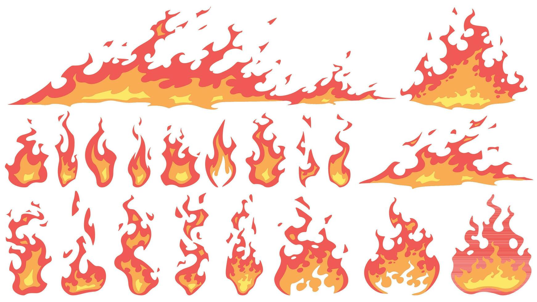 tekenfilm brand vlammen. vuurbol vlam, rood heet brand en kampvuur vurig silhouetten vector set. brandend effect, gevaarlijk natuurlijk fenomeen. laaiend wildvuur geïsoleerd Aan wit achtergrond