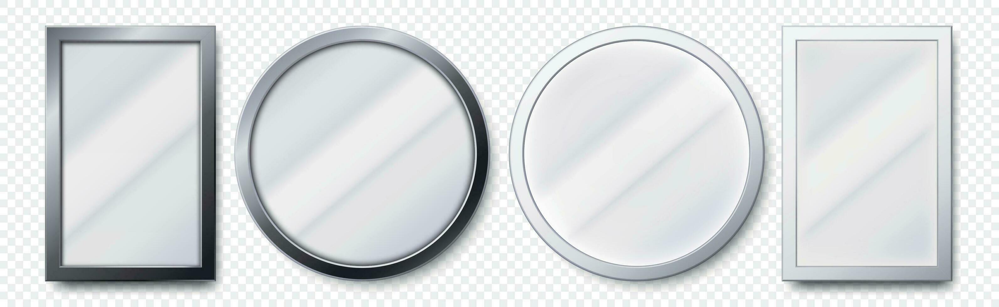 realistisch spiegels. metaal ronde en rechthoekig spiegel kader, wit spiegels sjabloon 3d vector reeks