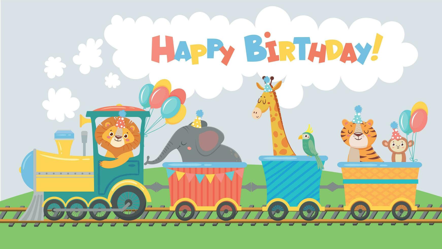 dieren Aan trein groet kaart. gelukkig verjaardag schattig dier in spoorweg auto, huisdieren rijden Aan speelgoed- locomotief grappig tekenfilm illustratie vector