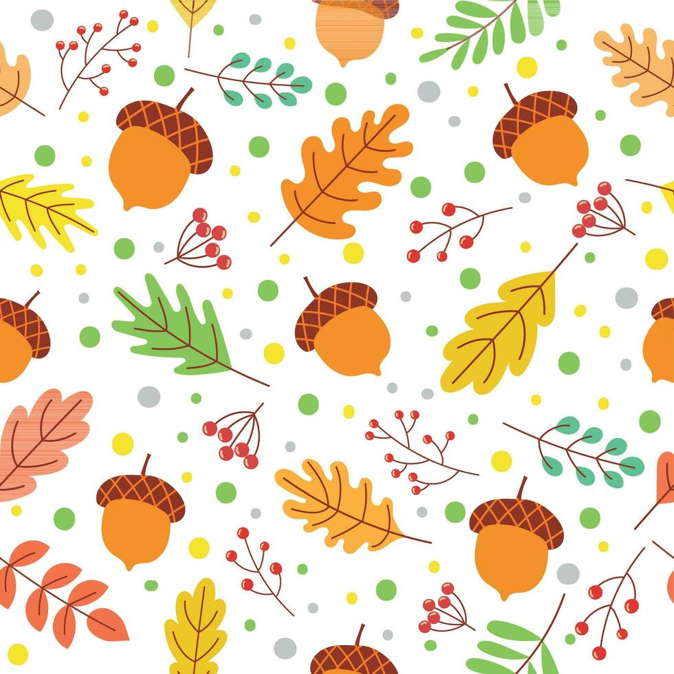 naadloos herfst bladeren patroon. vallen seizoen kleuren, gedaald geel blad en herfst- eikels vector illustratie
