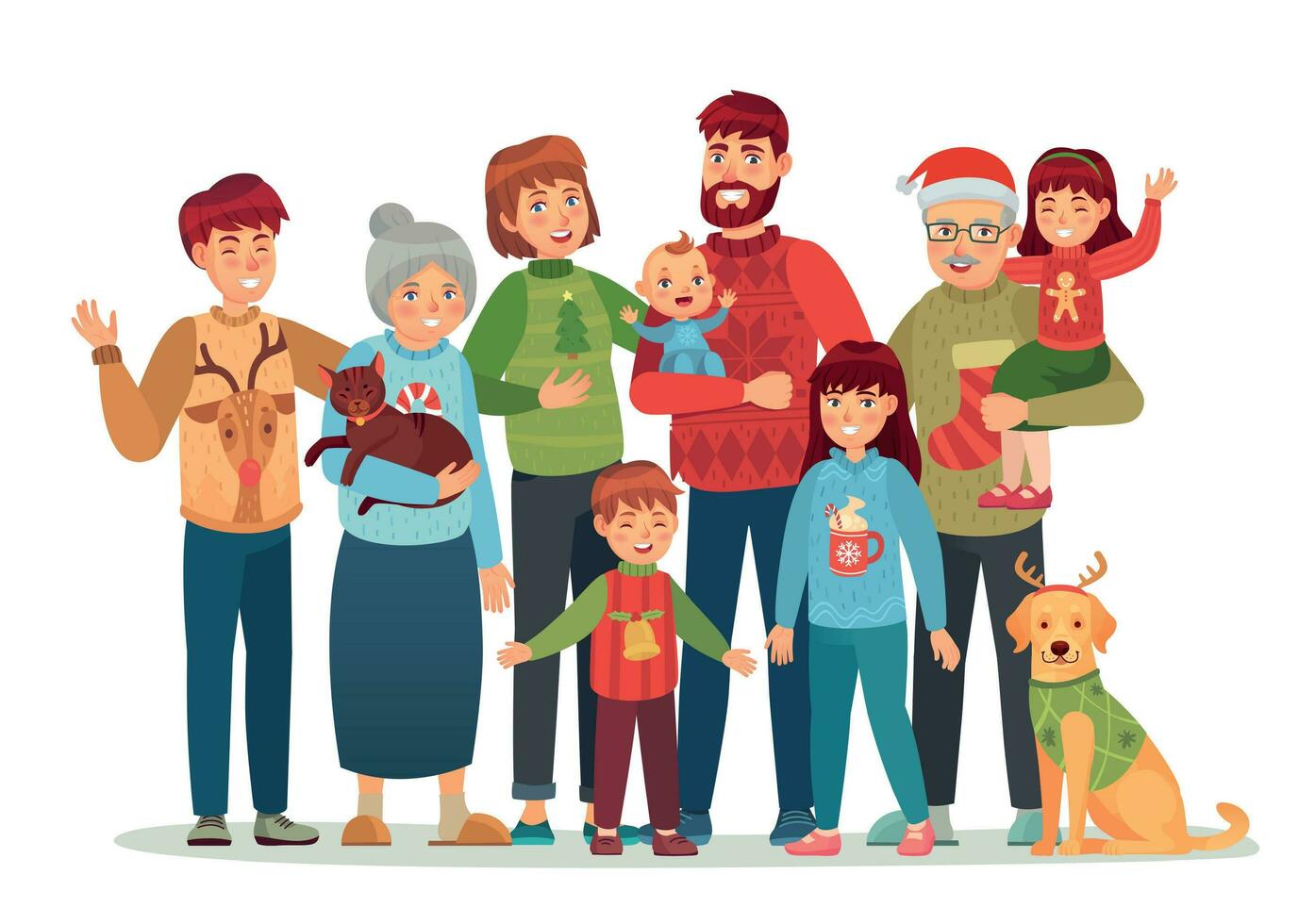 Kerstmis familie portret. gelukkig Kerstmis vakantie mensen, groot familie in lelijk truien tekenfilm vector illustratie