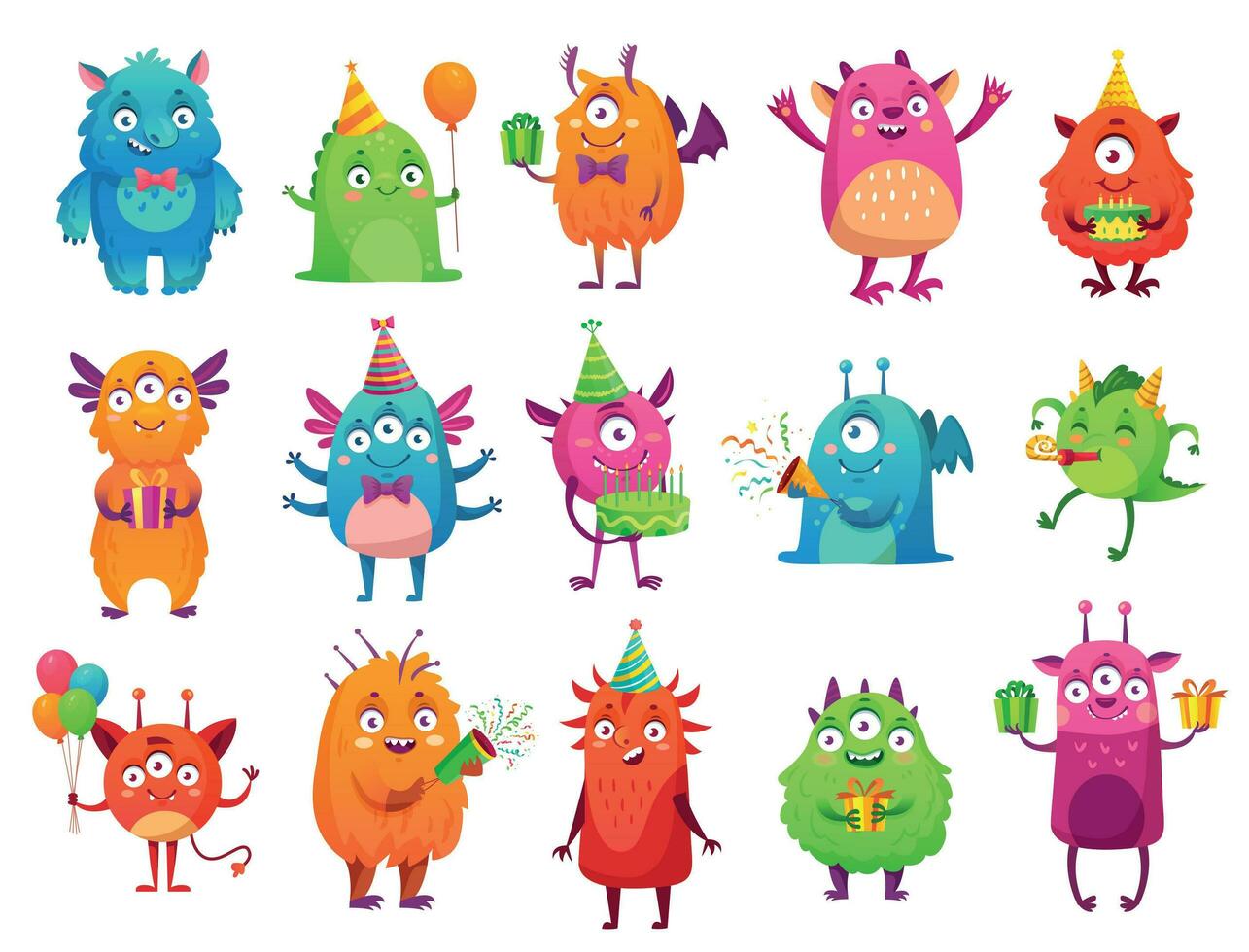 tekenfilm partij monsters. schattig monster gelukkig verjaardag geschenken, grappig buitenaards wezen mascotte en monster met groet taart vector illustratie reeks