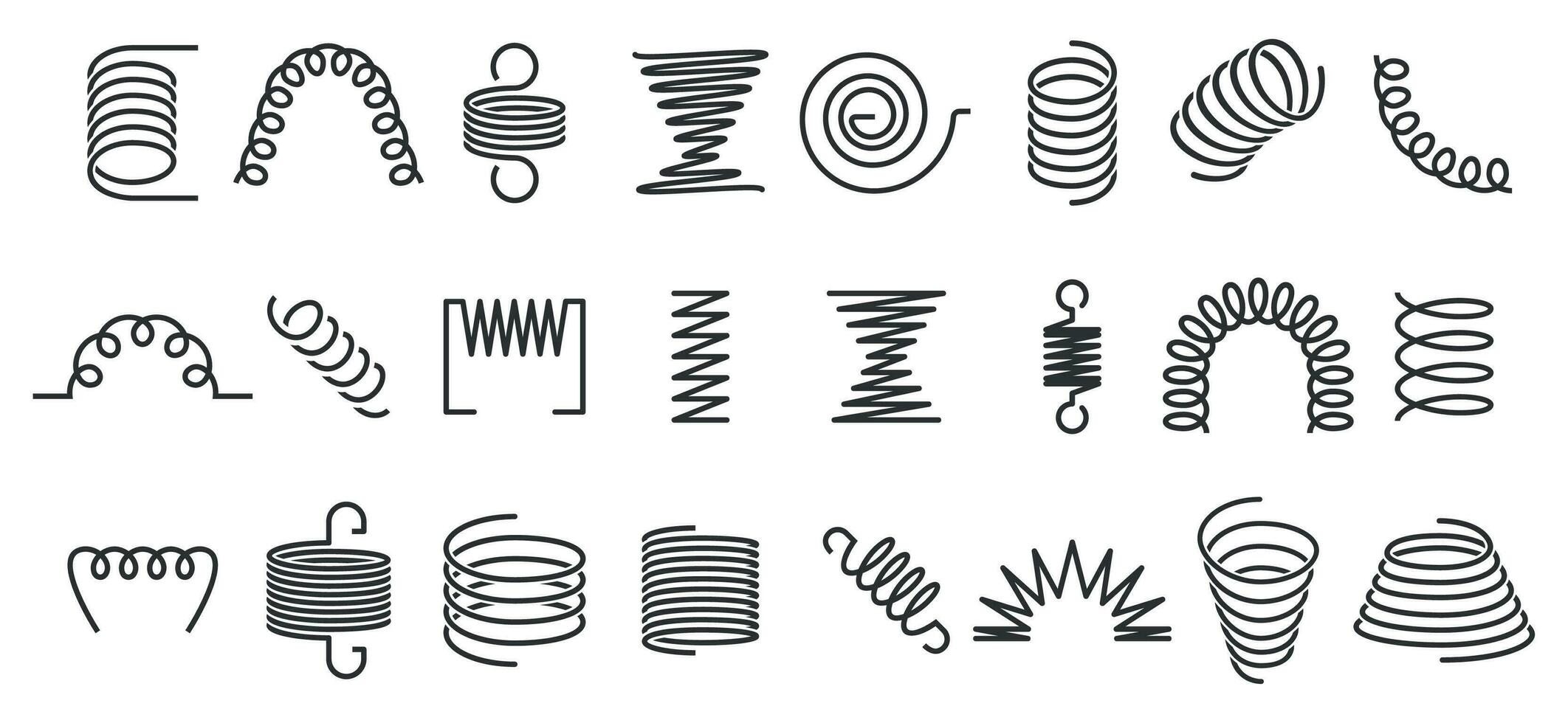 spiraal de lente. flexibel wikkelen, draad veren en metaal spoel spiralen silhouet vector pictogrammen reeks