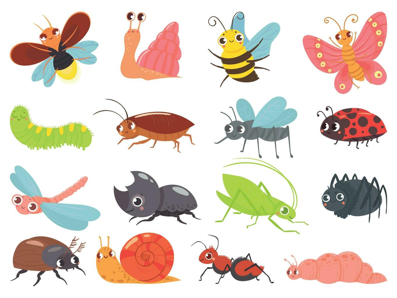 tekenfilm bugs. baby insect, grappig gelukkig kever en schattig lieveheersbeestje vector reeks