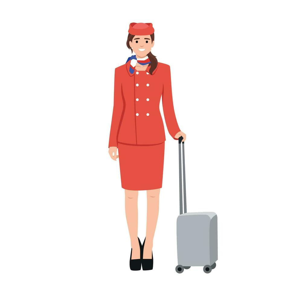 jong stewardess met koffer. jong vriendelijk lucht gastvrouw in rood uniform vector