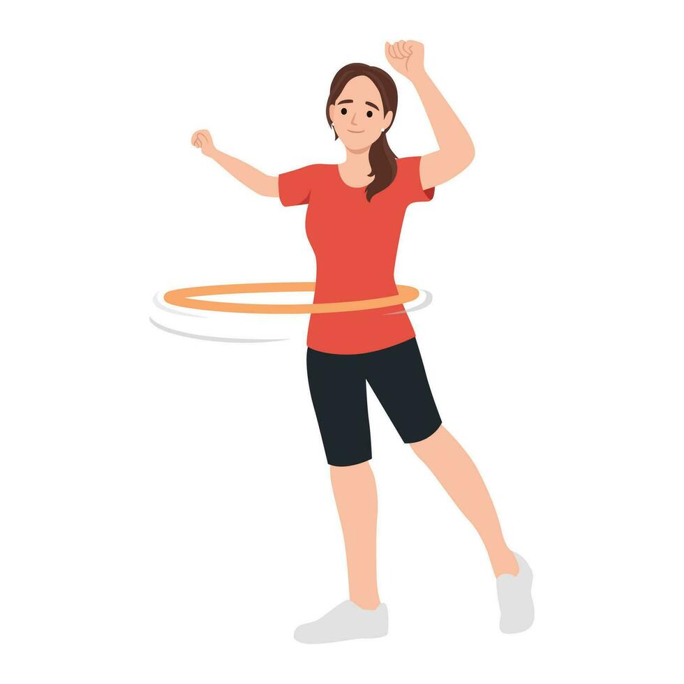 sport en geschiktheid oefening, vrouw roterend hula hup vector. firl en hoepel, taille gebouw en gewicht verlies, gezond levensstijl vector