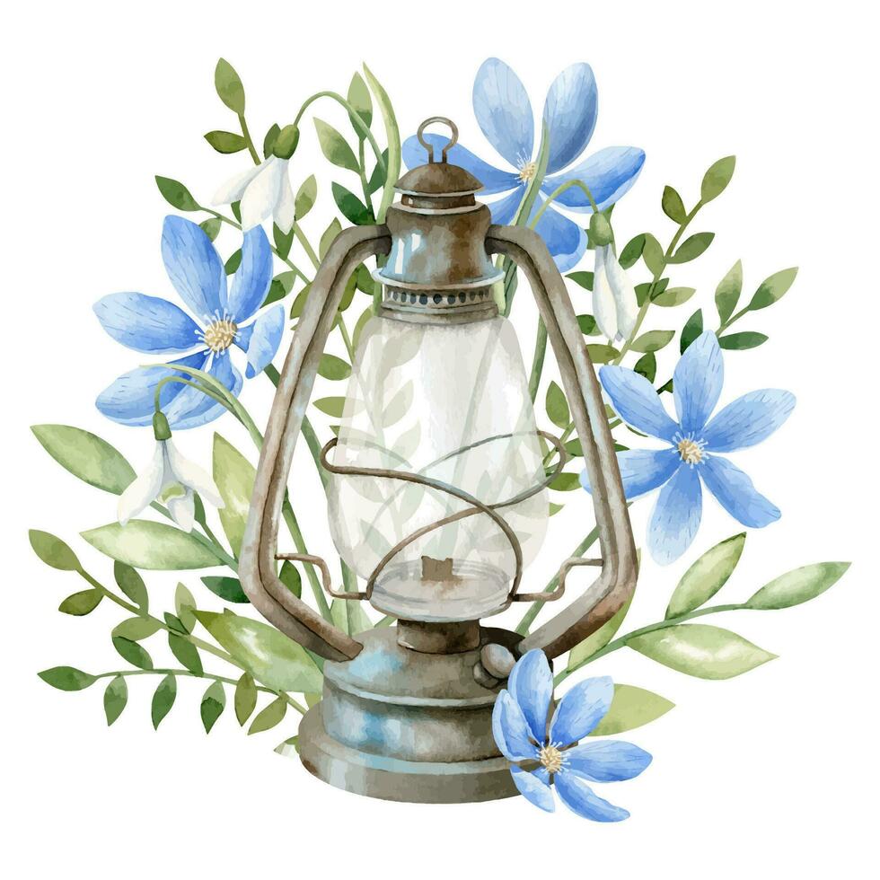 wijnoogst lantaarn met blauw bloemen. hand- getrokken waterverf illustratie van retro roestig kerosine lamp en wild planten Aan wit geïsoleerd achtergrond. tekening voor groet kaarten of uitnodigingen voor reizen vector