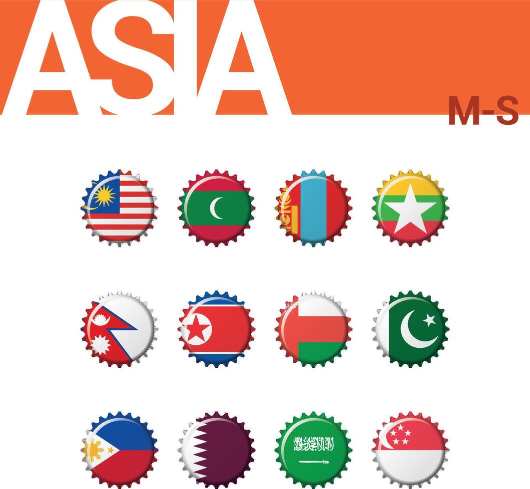 reeks van 12 flesdop vlaggen van Azië. reeks 3 van 4. vector illustratie. Maleisië, Maldiven, Mongolië, Myanmar-Birma, Nepal, noorden Korea, Oman, Pakistan, Filippijnen, qatar, saudi Arabië, Singapore.