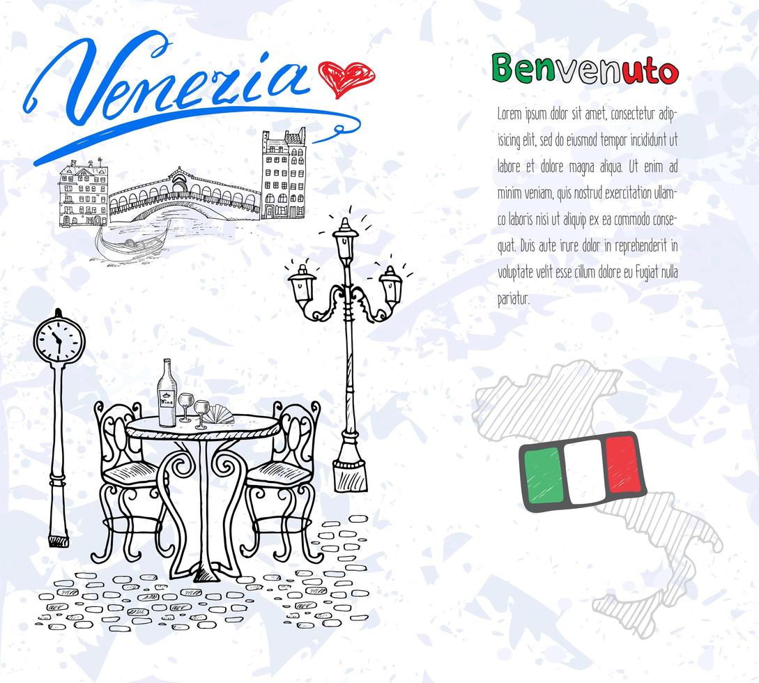 Venetië Italië schets elementen hand getrokken set met vlag kaart gondels huizen markt brug belettering Venetië welkom in italiaans tekening doodle collectie en voorbeeldtekst vector