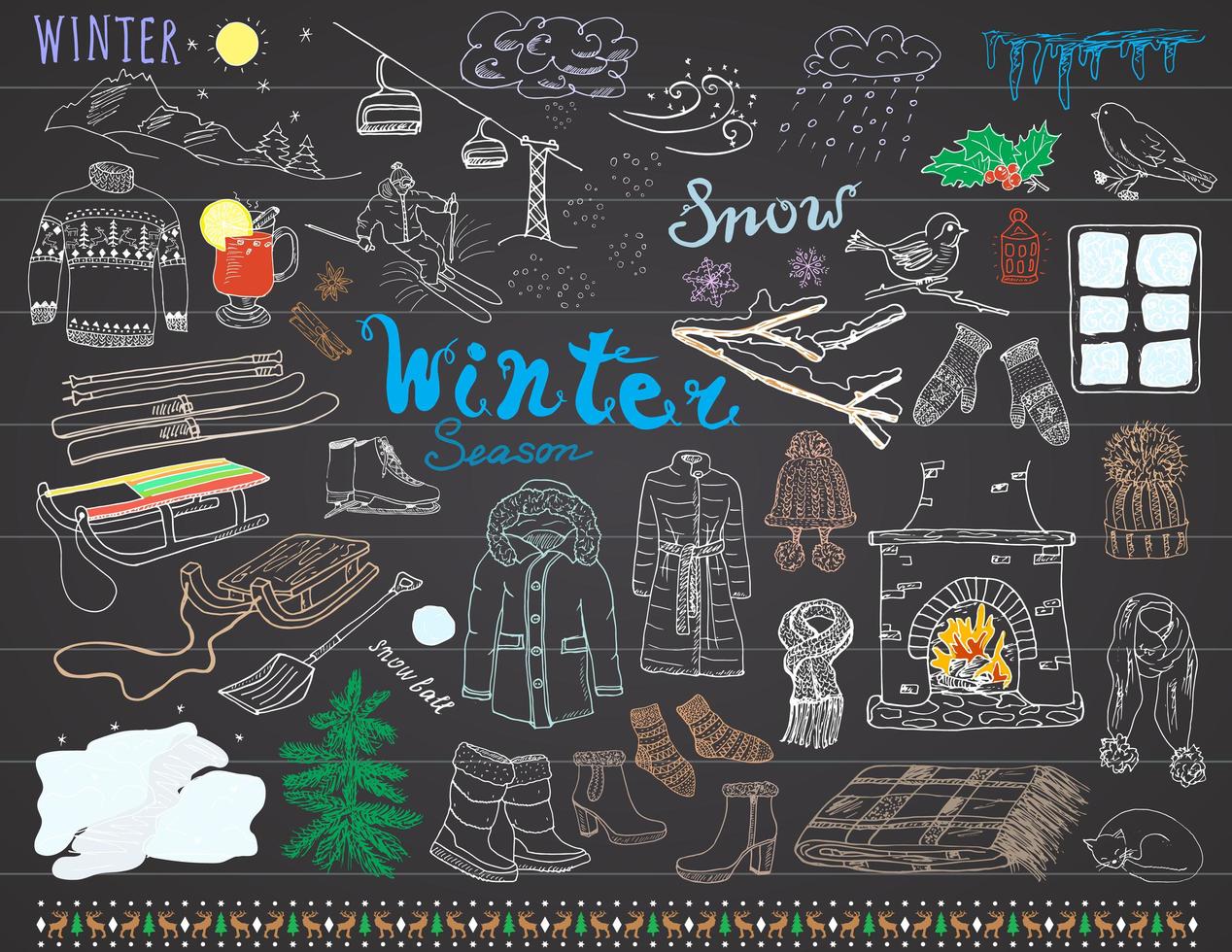 winterseizoen set doodles elementen hand getrokken set met glas warme wijn laarzen kleding open haard bergen ski en slee warme deken sokken en hoeden en belettering woorden tekening set vector