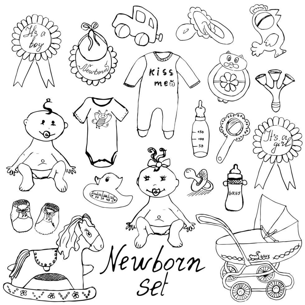 baby pictogrammen speelgoed kleding en wieg hand getrokken schets vectorillustratie geïsoleerd vector