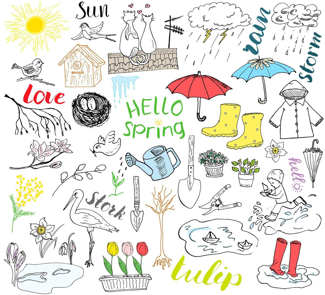 lente seizoen set doodles elementen hand getrokken schets set met paraplu regen rubberen laarzen regenjas bloemen tuingereedschap nest en vogels tekening doodle collectie geïsoleerd op witte achtergrond vector