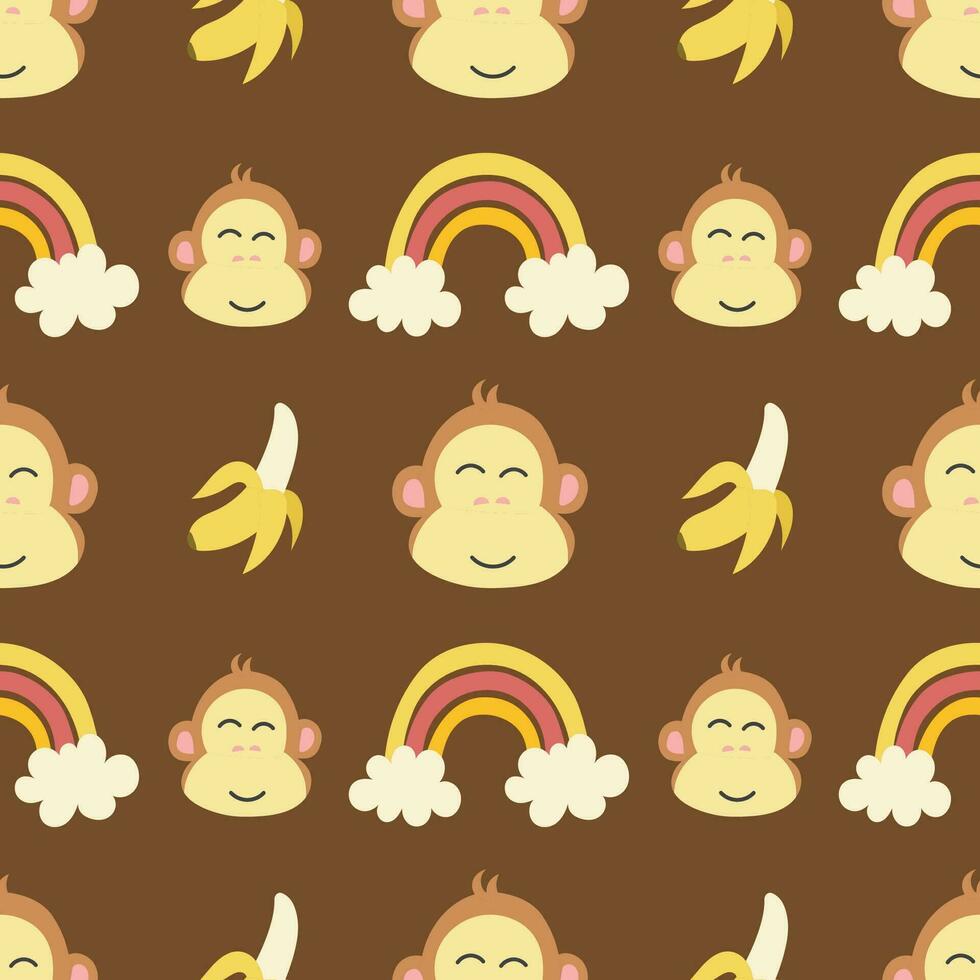 schattig kinderachtig patroon met schattig aap, banaan en regenboog. kinderachtig patroon sjabloon vector illustratie