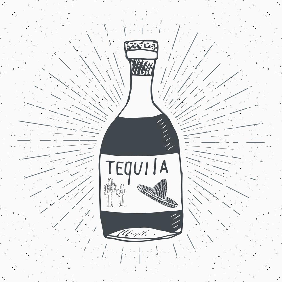 vintage label hand getrokken fles tequila mexicaanse traditionele alcohol drinken schets grunge geweven retro badge embleem ontwerp typografie t-shirt print vector illustratie