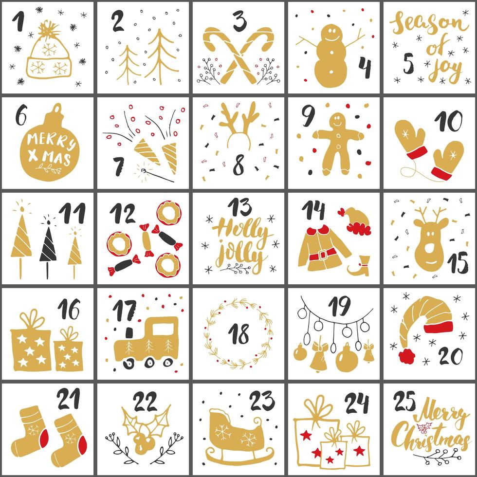 Kerst adventskalender. handgetekende elementen en cijfers. wintervakantie kalenderkaarten decorontwerp, vectorillustratie vector