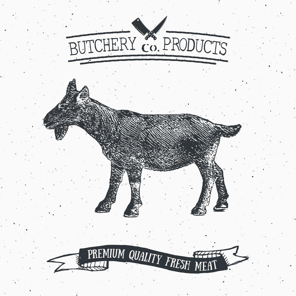 slagerij vintage embleem geitenvleesproducten, slagerij logo sjabloon retro stijl. vintage ontwerp voor logo, label, badge en merkontwerp. vector illustratie