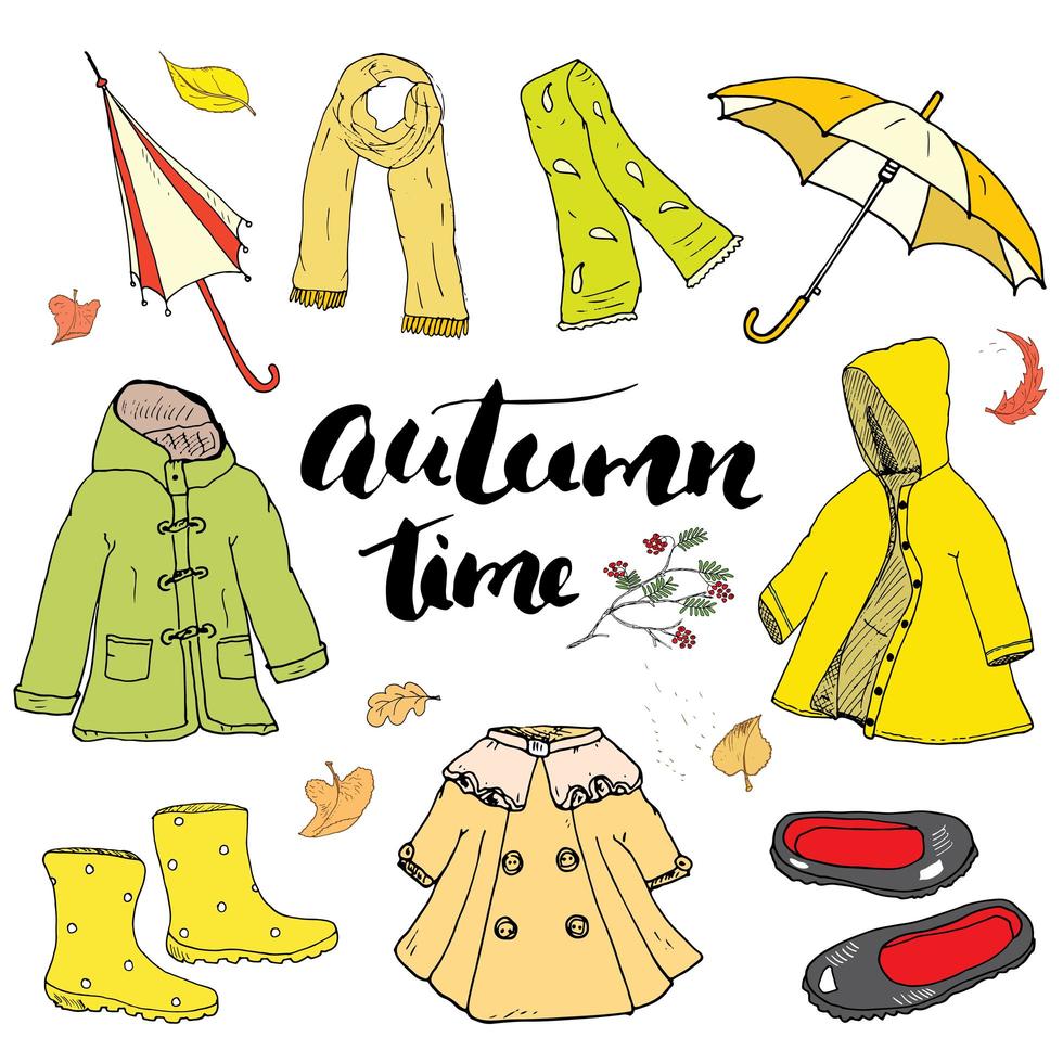 herfstseizoen kleding set. hand getrokken doodles en belettering vectorillustratie. vector