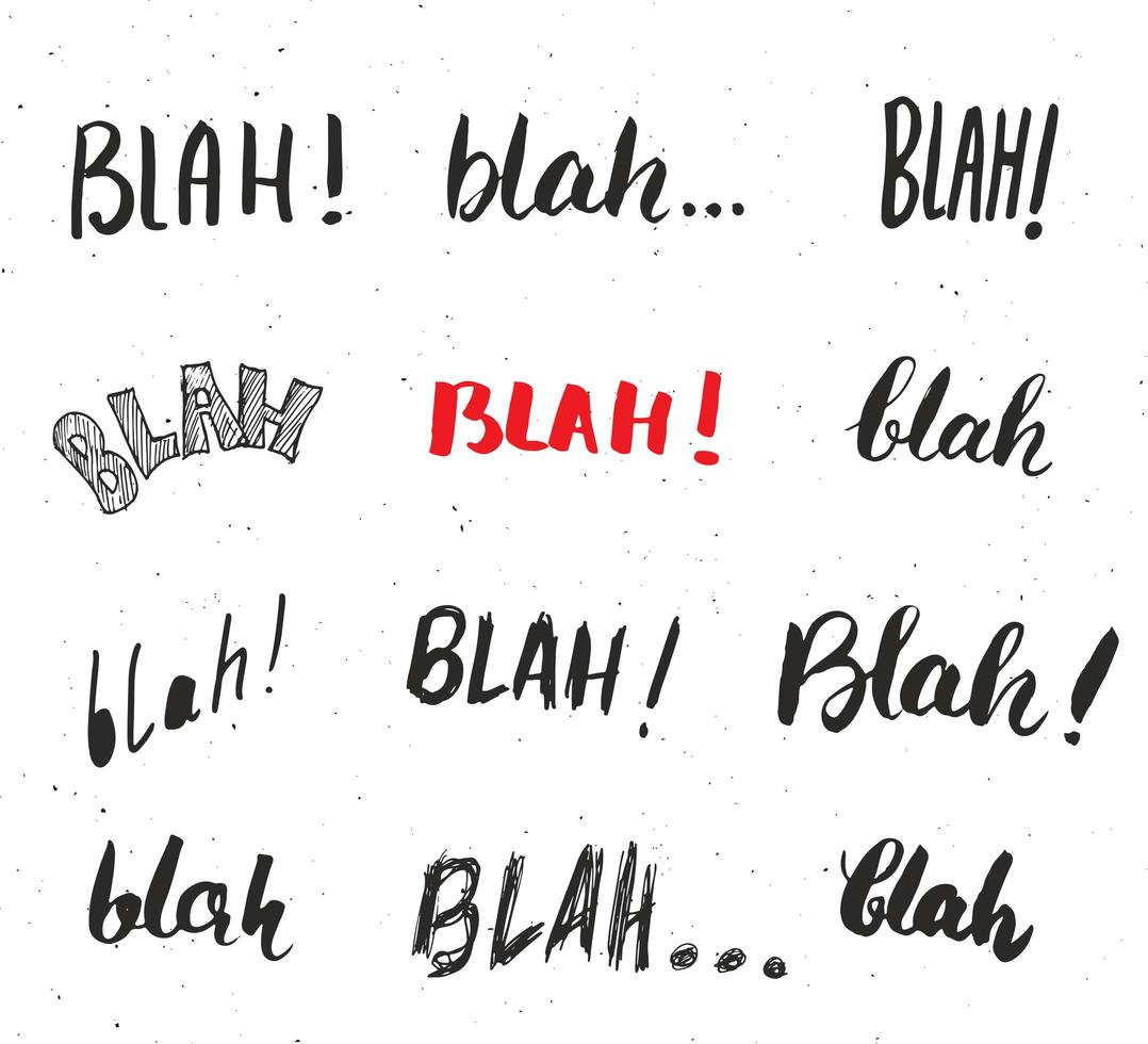 blah, blah woorden handgeschreven set vector illustratie geïsoleerd op een witte achtergrond.