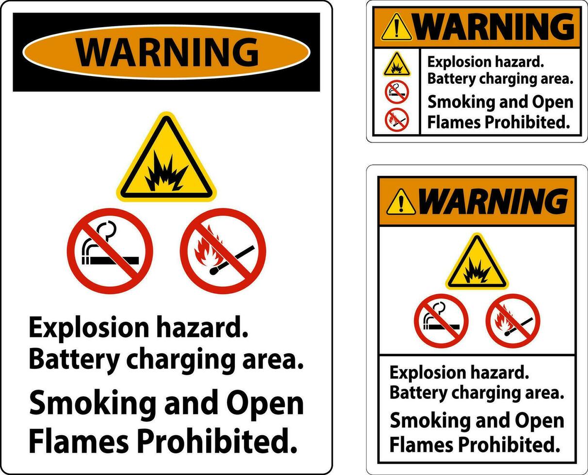 waarschuwing teken explosie gevaar, accu opladen Oppervlakte, roken en Open vlammen verboden vector
