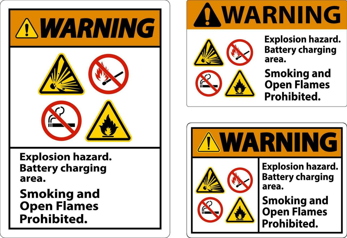 waarschuwing teken explosie gevaar, accu opladen Oppervlakte, roken en Open vlammen verboden vector