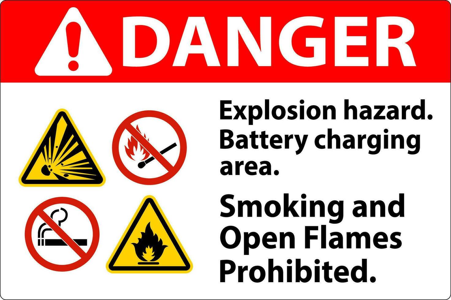 Gevaar teken explosie gevaar, accu opladen Oppervlakte, roken en Open vlammen verboden vector