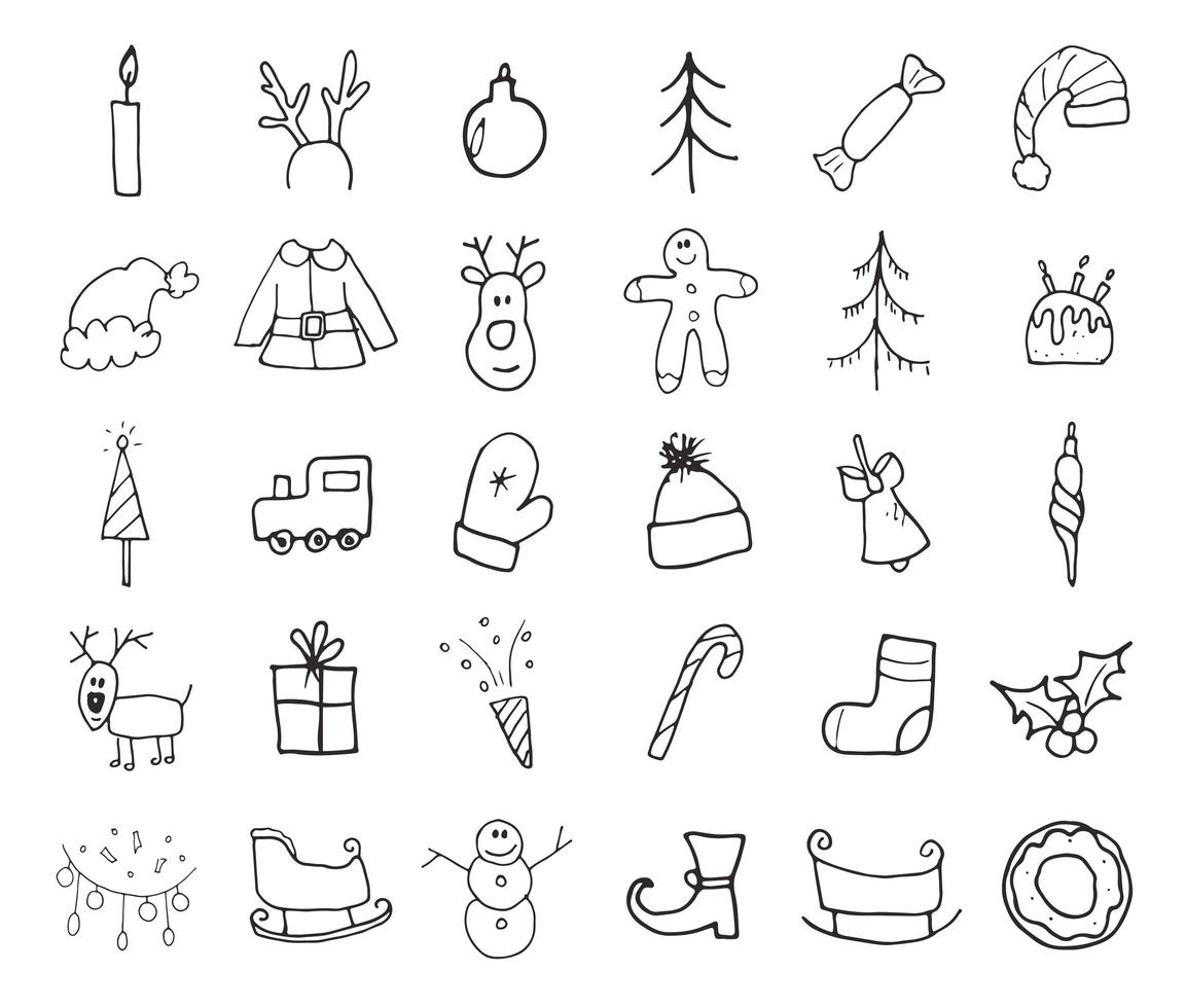 Kerstmis en Nieuwjaar pictogrammen hand getrokken doodles, vector illustratie